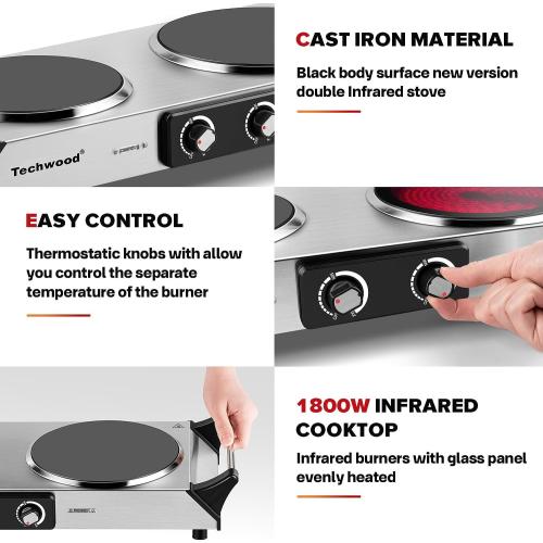 Techwood Electric Stove, Double Infrared Ceramic Hot Plate for Cooking, Two Control Cooktop Burner, Portable Anti-scald handles Suitable for Office/Home/Camp Use, 1800W Compatible for All Cookwares