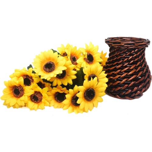 Velener Artificial Silk Sunflower with Rattan Vase Daisy Arrangement, 6 Bunches, 42 Flowers & Stems, Sunflower Bouquet, Handmade Willow, Fake Flowers in Vase for Home Decor, Fall Autumn Decoration