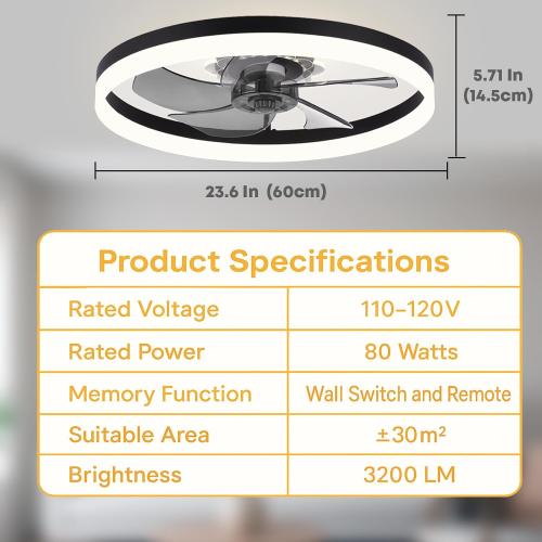 Fszdorj 23.6'' Ceiling Fan with Light, Upgraded Low Profile Fan, Flush Mount Ceiling Fan, 6 Speeds, Dimmable LED, App & Remote Control, Quiet DC Motor, for Bedroom, Living Room, F115 Black N