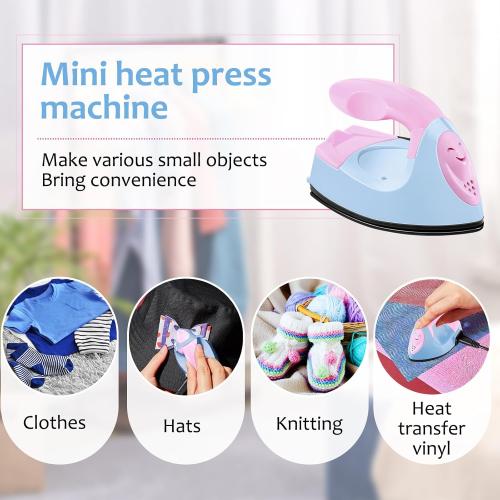 Honoson Mini Craft Iron Mini Heat Press Small Iron 3.93 x 2.36 x 2.76 in Portable Handy Tiny Flatiron with Charging Base Accessory for Fuse Bead Patch DIY Heat Transfer Vinyl(Light Pink, Light Blue)