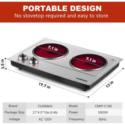 Hot Plate,Cusimax Dual Infrared Burner, Electric Ceramic Glass Stove,Adjustable Temperature Control,Stainless Steel,Compatible of all Cookware,Easy Clean for Home, Dorm, Office