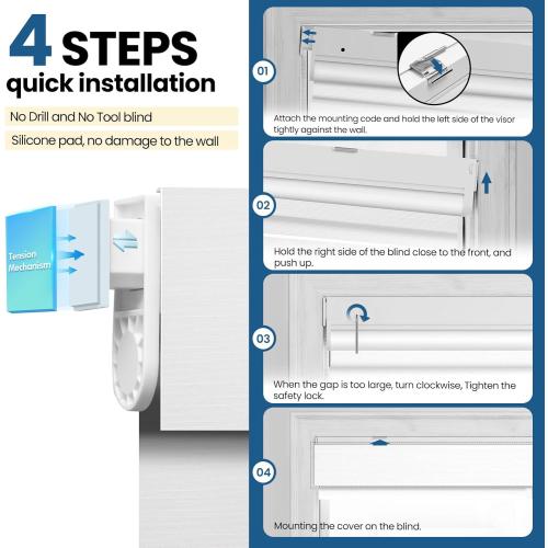 No Drill Motorized Blinds with Remote, Blackout Automatic Blinds with Solar Panel, Cordless Smart Electric Roller Shades for Windows, White, 20 x 72