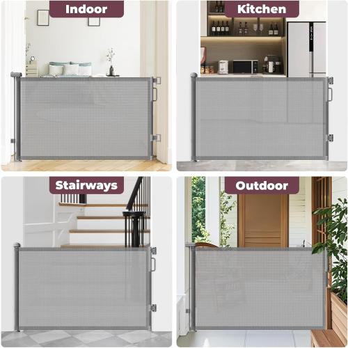 Retractable Baby Gate for Stairs, 55 Wide Mesh Dog Gate Indoor, 34'' Tall Child Gate for Doorways, Hallways, Deck, Indoor Outdoor Pet Baby Safety Essentials for Home, Grey