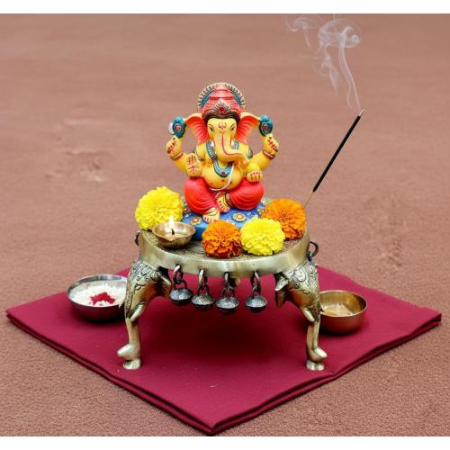 eSplanade Brass Round Mandir Chowki | Elephant Pillars Pooja God Stool with Ghungroo
