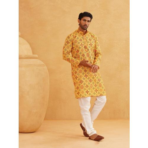 Size 54 Sojanya (Since 1958 Men'S Cotton Linen Blue Foil Printed Only Long Kurta