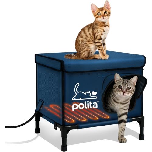 Polita Indestructible Heated Cat House for Outdoor Cats All Seasons, Extremely Insulated & 100% Weatherproof, Elevated Feral Cat Shelter with Waterproof Eaves &Safe Escape Door for Stray & Barn Cats​​
