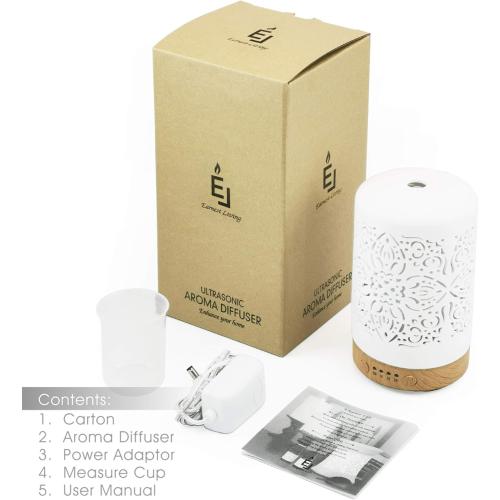 Earnest Living Essential Oil Diffuser White Ceramic Diffuser 100 ml Timers Night Lights and Auto Off Function Home Office Humidifier Aromatherapy Diffusers for Essential Oils