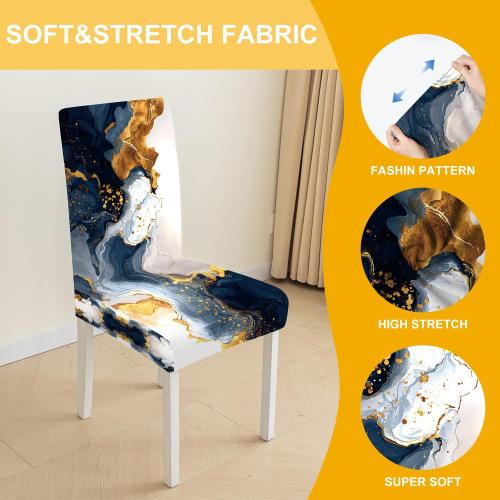 Luxury Marble Chair Covers Set of 4 – Navy Blue Gold Abstract Pattern Stretch Dining Chair Slipcovers Washable Universal Seat Protectors for Kitchen, Banquet, Party, Hotel, Home Decoration