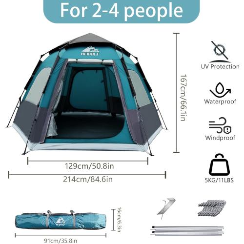 Hewolf 2/3/4 Person Camping Tent - Instant Pop Up Waterproof 2 Doors Tent with Easy Setup | 3-Season Hexagonal Dome Design for Family, Hiking & Traveling