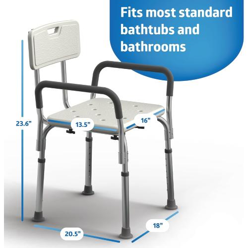 Medline Shower Chair with Backrest and Padded Armrests - 350 lb. capacity, Bath Bench, Seat, Stool for Independent Adult, Seniors, Elderly & Disabled Patients