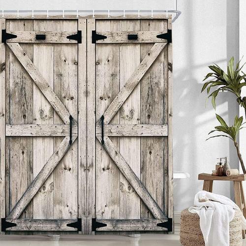 NYMB Rustic Wooden Vintage Wood Shower Curtain, Farmhouse Country Barn Door Shower with 12 Hooks, Waterproof Garage Cabin Curtain, 48X70