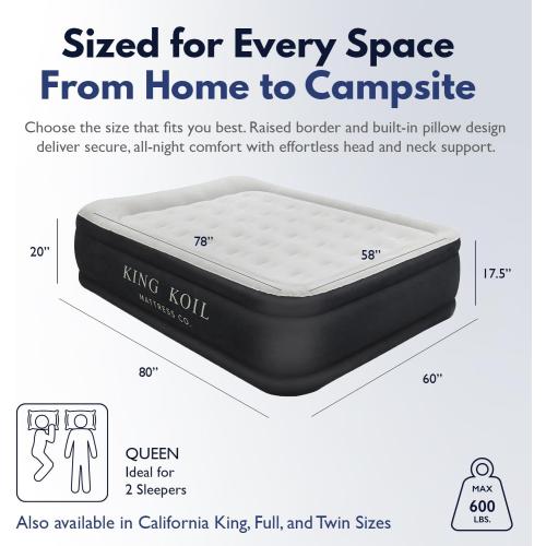 King Koil Luxury Air Mattress Queen with Built in Pump, Integrated Premium Pillow Inflatable Airbed for Guests, Camping & Home (Manufacturer Warranty)