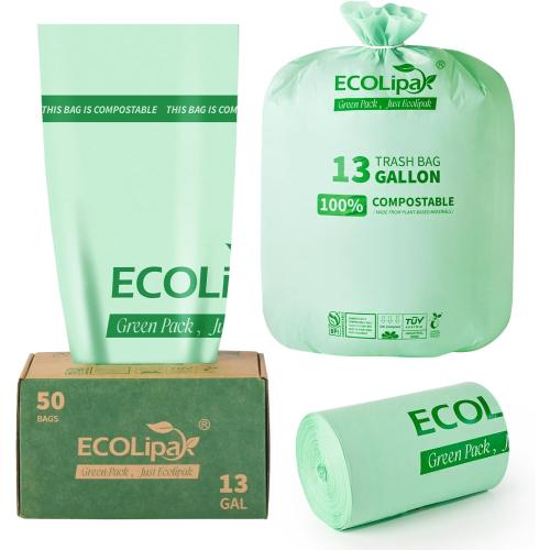 ECOLipak 13 Gallon Compostable Trash Garbage Bags, 50 Count (1 Roll) Biodegradable Heavy Duty Bathroom Kitchen Trash Bags for Home/Office, US BPI ASTM D6400 and OK Compost Home Certified