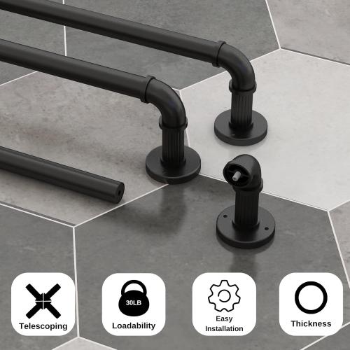 Black Curtain Rods 72 to 144 (6-12Ft) for Window,Outdoor Rods,Industrial 1Inch Pole,Rustic Wrap Around Rod Brackets,Simple rods Indoor/Outdoor Use, Set of 2