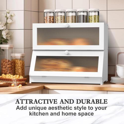 LOHASOK Bread Box for Kitchen Countertop,White | 2-layer, Bamboo, Large, Farmhouse Bread Container Holder Storage, Acrylic translucent window