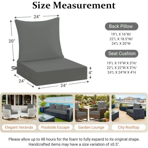 downluxe 24x24 Outdoor Chair Cushions, Waterproof Fade Resistant Patio Furniture Cushions with Handle & Removable Cover, Deep Seat Outdoor Cushions for Sofa, Couch and Patio Chairs, Dark Grey NEEDS CLEANING
