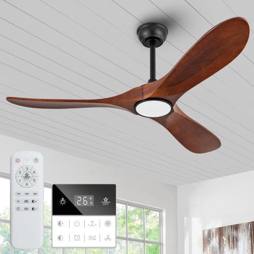 52 Inch Solid Wood Ceiling Fans with Lights 3CCT Dimmable Outdoor Ceiling Fan with Light and Remote Modern 3 Blades Propeller Ceiling Fans DC Motor for Patios Indoor Bedroom, Dark Walnut
