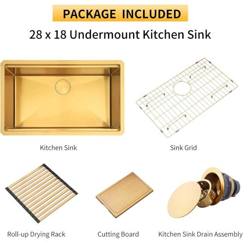 Gold Undermount Kitchen Sink, 16 Gauge T-304 Stainless Steel All In One Workstation Sinks With Full Set Accessories, 30 x 18 x 10 Large and Deep Handmade Single Bowl Kitchen Sinks