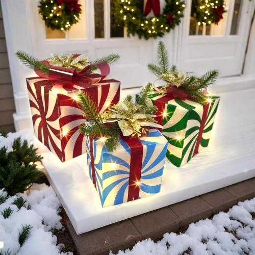 COLORFUL CANDY CANE Uieke Set of 3 Christmas Lighted Gift Boxes Christmas Decorations, 60 LED Lights Present Boxes Ornament with Red Green and Blue Stripe for Xmas Tree Indoor Yard Home Party Gift Box Decorations