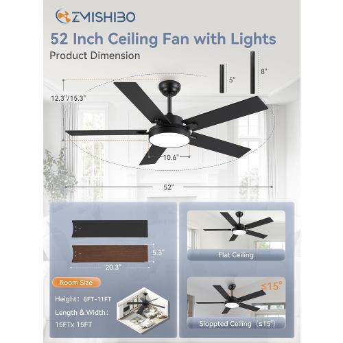 ZMISHIBO 52 Inch Ceiling Fan with Light, 30W LED, Smart Remote/APP, Black