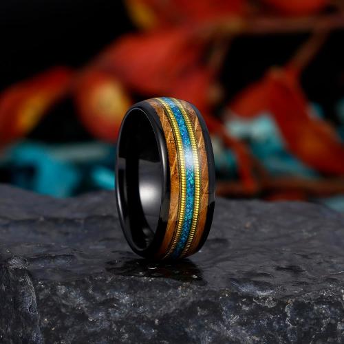 8mm Tungsten Rings for Men Black/Rose Gold Plated Men's Wedding Promise Bands with Meteorite/Dinosaur Bone/Opal/Wood/Guitar String Inlaid Hammer/Domed Polished Comfort Fit Size 7-14
