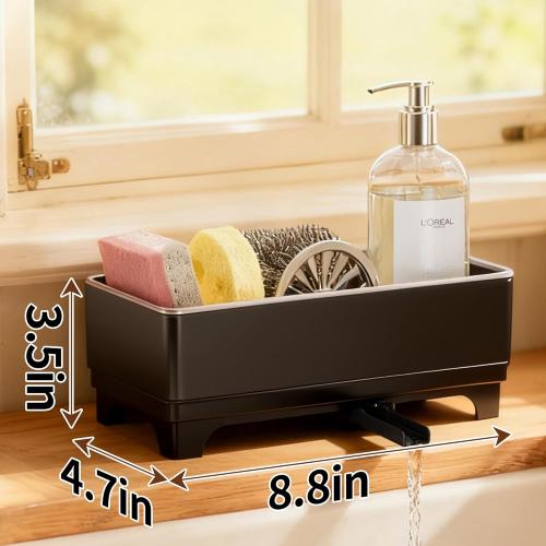 MOUKABAL Sponge Holder for Kitchen Sink, Rustproof Stainless Steel Black | Large Capacity/360° Rotating Drain Keeps Counter Dry/Holds Sponges & Soap Bottle/Easy-Clean Removable Tray