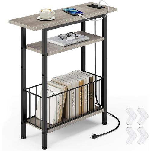 Vagusicc Narrow Side Table with Charging Station, Skinny Side End Table for Couch, 3-Tier Small End Tables for Small Spaces, 25.2 Tall Slim Nightstand Bedside Table for Living Room, Bedroom, Greige