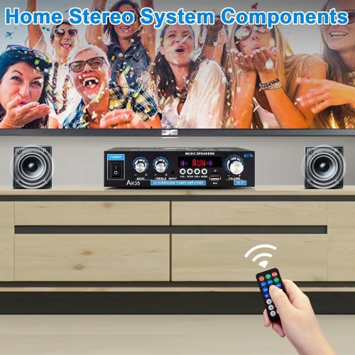 AK35 200W Stereo Audio Amplifier Bluetooth 5.0, 2.0 Channel Mini Amplifier Stereo Receivers with Bass & Treble Control,Home Amplifier w/AUX, USB, SD Card Input,Remote Control