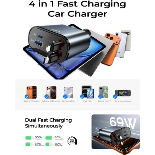 LISEN Retractable Car Charger, 69W Cars Adapter USB C Fast Charger, Car Accessories for Women Men, Christmas for Gifts for Dad Mom, Gifts for Women Men, for iPhone 17 Pro Max Air 16 15 14 13 Plus