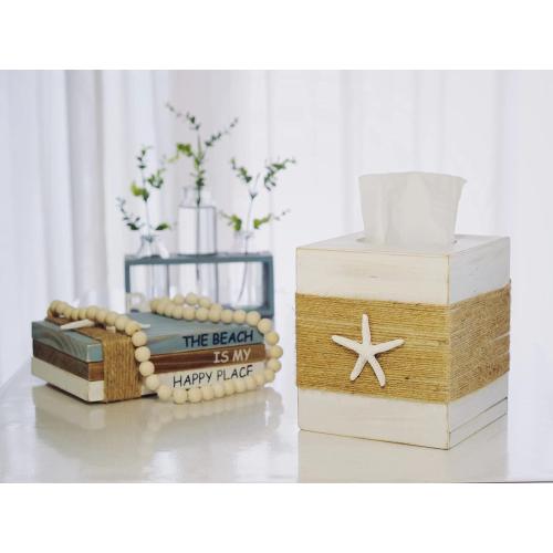 SOMTO Beach Rustic White Wood Square Tissue Box Cover,Farmhouse Bathroom Accessories Starfish Decor Tissue Holder with Slide-Out Bottom Panel…
