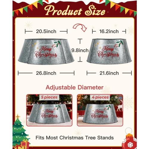 Putuo Decor Galvanized Christmas Tree Collar for 6-7.5 Ft Trees Metal Adjustable Stand Cover with Printed Merry Christmas Farmhouse Decor for Artificial Trees, 27 in Silver