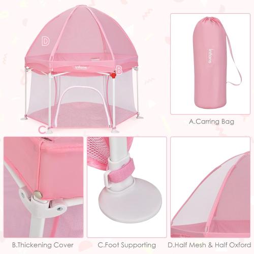 INFANS Baby Playpen with Removable Mesh & UV Canopy, 53 Portable Playhouse with Carry Bag, Dome, Padded Floor, Easy Folding Playard Activity Center (Light Pink)
