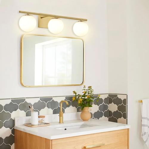 YHTlaeh New Bathroom Vanity Light 3 Lights Fixtures Brushed Brass Milk White Globe Glass Shade Modern Wall Bar Sconce Over Mirror (Exclude G9 Bulb)