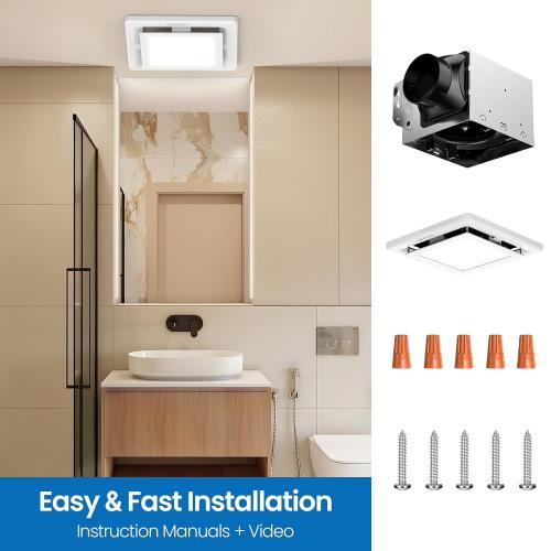 White Bathroom Exhaust Fan with Light - 110 CFM Ventilation, 1.0 Sones - Easy Installation, Energy Efficient, White Finish, Dimmable LED 3000K/4000K/5000K for Home Bath Office Hotel
