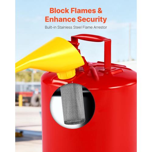 VEVOR Safety Gas Can, 5 Gallon Type I Red Metal Container for Liquid Material with Stainless Steel Flame Arrester, Self-Closing Lid & PE Funnel, Carbon Steel Flammable Saving with Handle