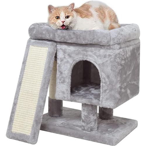 SYANDLVY Small Cat Tree for Indoor Cats, Cat Tower with Scratching Post, Modern Activity House for Large Cats, Condo with Board, Kittens Cave (Light Grey)