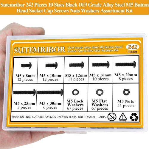 242 Pieces M5 Screws Nuts Washers Set Black, Sutemribor M5 x 8/10/12/16/20/25/30mm Button Head Socket Cap Screws Nuts Washers Assortment Kit, 10.9 Grade Alloy Steel, Fully Threaded