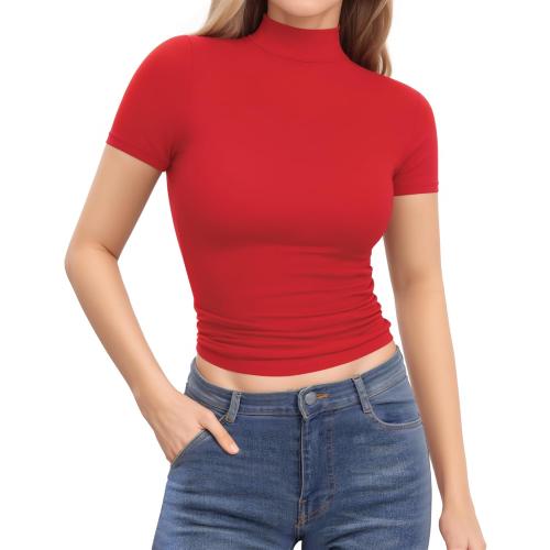 SiZe S.....Women's Turtleneck Mock Neck Shirt Double Lined Long Sleeve Short Sleeve Tops for Women Basic T Shirts Tight Tee