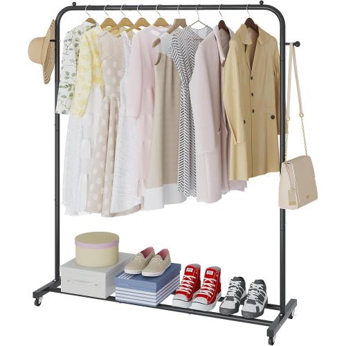 Garment Rack, Freestanding Simple Single Pole Clothes Rack With Wheels, Coat Rack, Multi-functional Rolling Clothing Storage With 2 Hooks for Bedroom, Living-room, Black