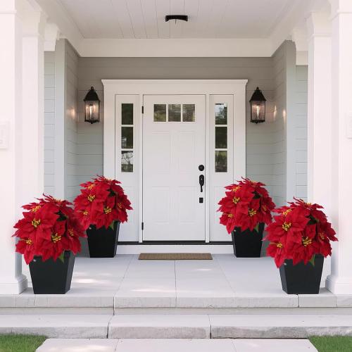 16“ Artificial Poinsettias Flowers for Outdoors Red Faux Christmas Poinsettia Plant 11 Heads Winter Flowers for Front Porch Garden Yard Patio Decor