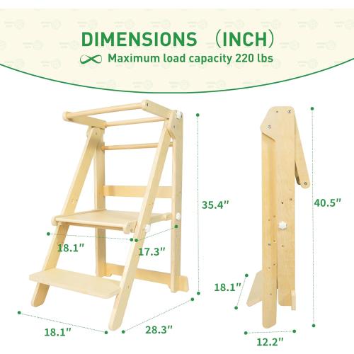 Foldable Toddler Learning Standing Tower, WOOD CITY Montessori Kitchen Step Stool Helper with 3 Adjustable Heights Learning Kitchen Tower for Counter and Bathroom Sink (Natural)
