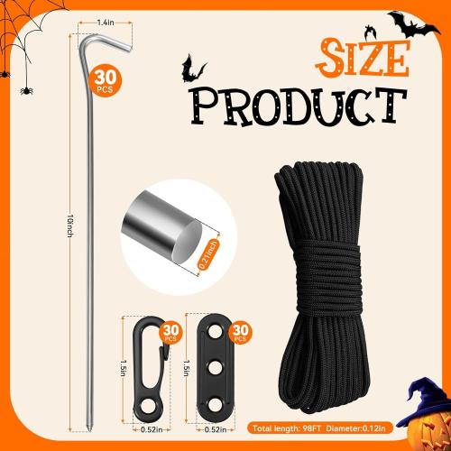 30 Pcs 10 in Stakes for Inflatables Set, Metal Inflatable Stakes Heavy Duty with Hooks, Ropes, Cord Adjuster, Ground Stakes Inflatables for Halloween Christmas Thanksgiving Outdoor Yard Decorations