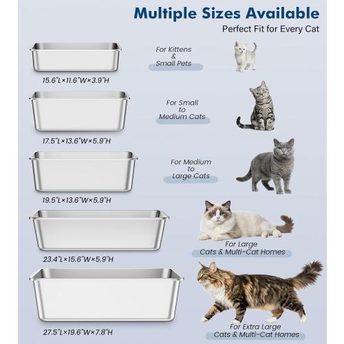 Qiuma Stainless Steel Litter Box, Large Cat Litter Box with High Sides, Odor-Free, Non-Stick, Easy to Clean, 19.5×13.6×5.9, Ideal for Medium to Large Cats, Litter Tray