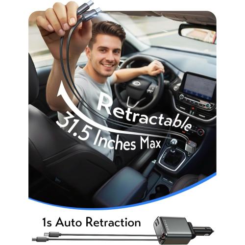 LISEN Retractable Car Charger USB C [Upgraded Dual Type C] 75W Fast 4 in 1 Car Charger for iPhone 17, Gifts for Him Her Men Women, Car Accessories for Galaxy S25 S26 Phone 17 Pro Max 16 15