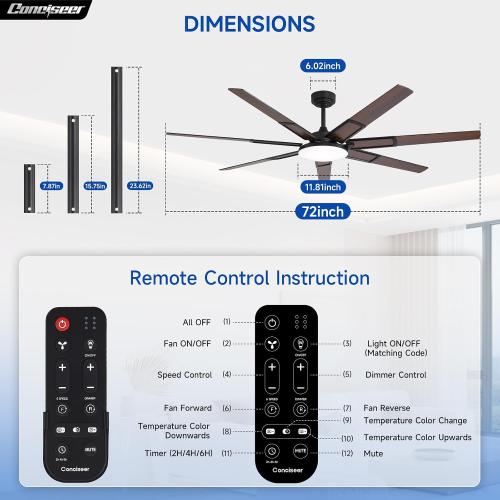 72 Inch Ceiling Fans with Lights and Remote, Living Room Office Library Cafe Industrial, Indoor/Outdoor Use, 5CCT Dimmable, Dual Color 7 Blades, 6 Speed Reversible Quiet DC Motor, Black/Wood Grain