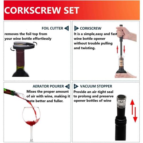 Black Air Pressure Pump Bottle Opener With Foil Cutter,Aerator Pourer,Vacuum Stopper(4PCS),Simple Cork Remover,Efficient Corkscrew Bottle Opener,Great For Wine Lovers,Perfect Wine Gift.