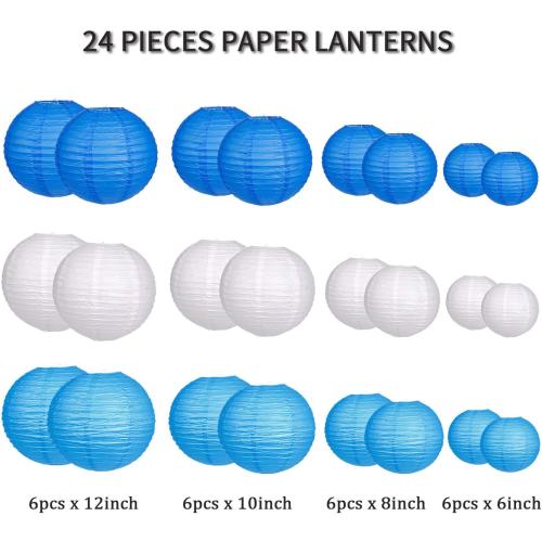 24pcs Hanging Round Paper Lanterns for Wedding Birthday Party Baby Showers Decoration Blue/White