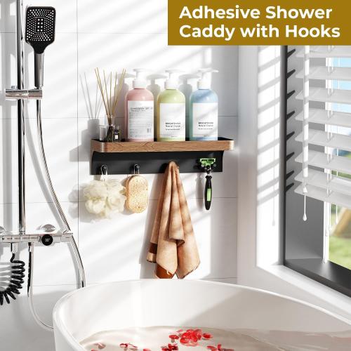 Shower Caddy Adhesive with 5 Hooks & Drainage, No-Drill, Wood