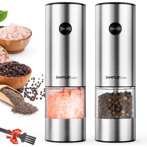 SIMPLETASTE Electric Salt and Pepper Grinder Set Automatic One Handed, Stainless Mill Shakers with Lights and Adjustable Coarseness, Battery Operated