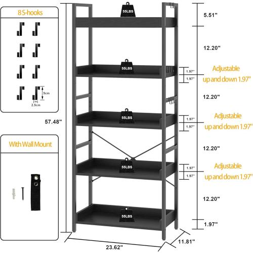 HCHQHS 5 Tier Bookshelf, Adjustable Industrial Bookcase, Vertical Tall Book Shelf, Wood and Black Metal Open Bookshelves for Home Office, Living Room, Bedroom
